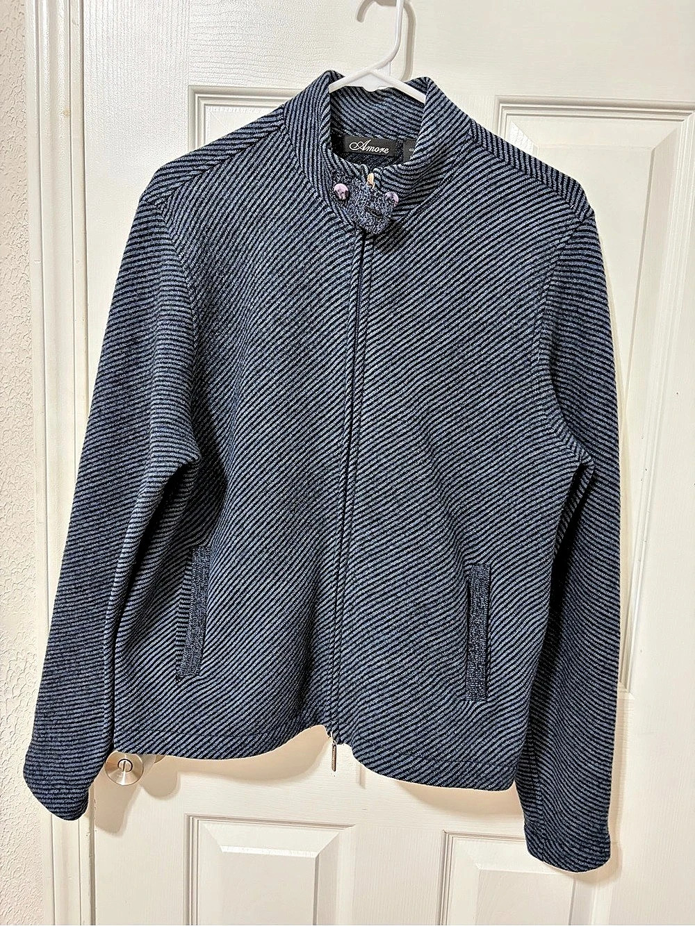Amore Women Knit Wool Textured Jacket Zip-Up Stand-Up Blue & Black S Soft Cozy